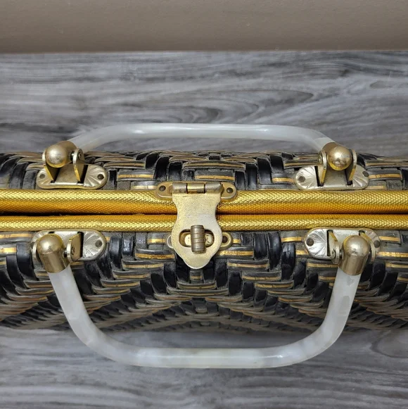 Vintage Stylecraft Black Gold Woven Plastic Handbag MCM - Picture 11 of 12